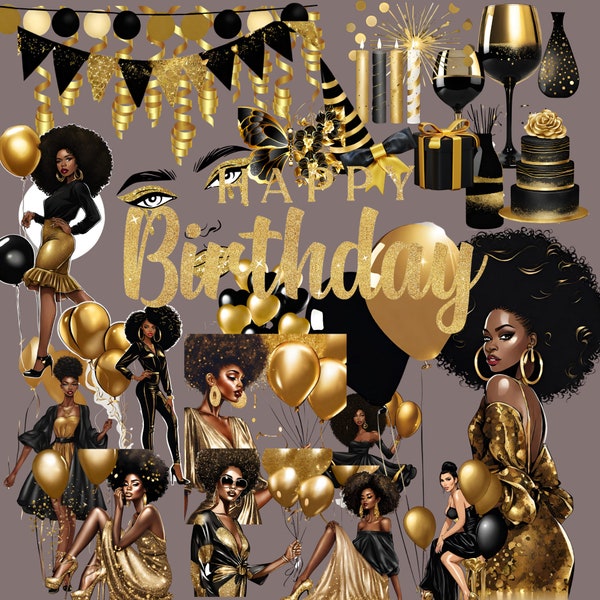 75 afro birthday clipart, Black and Gold birthday Balloons Clipart,birthday accessories clipart,birthday clipart,american afro women clipart