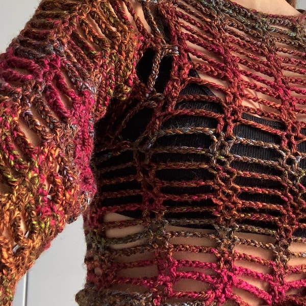 crocheted unique mesh sweater | handmade cropped long-sleeve top | color-changing cottage core yarn