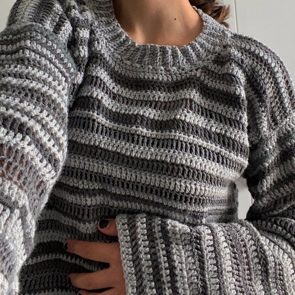 crocheted grandpa sweater | handmade freestyle long-sleeve top | different shades of gray and stitches
