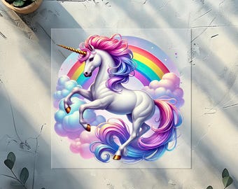 May include: A white unicorn with a golden horn, pink and blue mane and tail, and gold hooves, is set against a rainbow and fluffy clouds. The artwork is on a square, clear background.