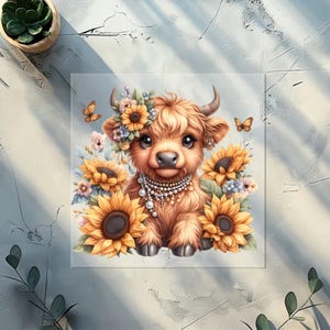 Peut inclure: Illustration numérique d'un veau de vache des Highlands orné d'une couronne florale et d'un collier de perles, entouré de tournesols et de papillons. Le veau a une fourrure brune et de grands yeux, créant une esthétique fantaisiste et charmante.