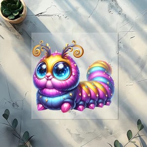 May include: A whimsical illustration of a colorful caterpillar with large, expressive blue eyes. The caterpillar features a vibrant palette of purple, blue, gold, and pink, with star accents. The artwork has a cartoonish style, perfect for children's decor or fantasy art.