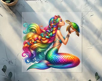 Rainbow Mermaid Turtle Kiss DTF Transfer Design (Ready to Press)