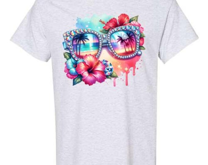 Tropical Summer Beach Glasses Hibiscus Graphic T-shirt S-5X