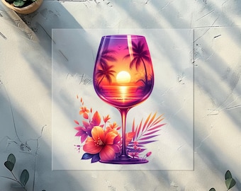 Tropical Sunset Wine Glass Art Print, Vibrant Floral Beach Scene DTF Transfer