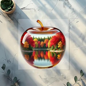 May include: A clear glass apple-shaped decorative object with a stem, displaying an autumn landscape scene. The scene features a lake reflecting trees in red, yellow, and green. The object is set on a white surface. The scene is reminiscent of a painting.