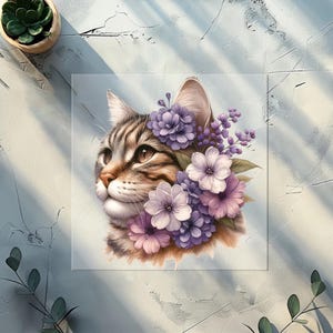 May include: A digital art print of a tabby cat with brown and tan fur, decorated with a floral crown of purple and lavender flowers. The cat is set against a light blue background, creating a whimsical and artistic aesthetic.