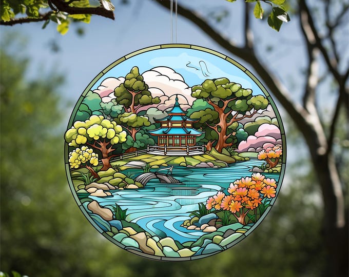 Japanese Cherry Blossom Landscape Acrylic Faux Stained-Glass Suncatcher