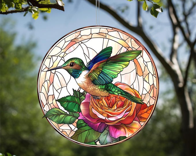Acrylic Faux Hummingbird Flowers Stained-Glass Suncatcher