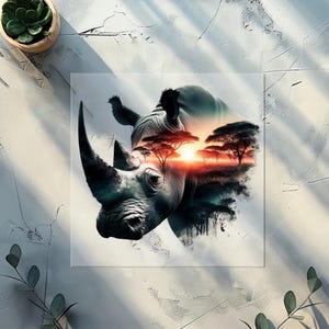 Op de afbeelding: Vierkante kunstprint met een gedetailleerde illustratie van een neushoofd. Het neushoofd is overlegd met een levendige zonsondergangscène, inclusief bomen en een vurige lucht. Het kunstwerk staat tegen een getextureerde, lichtgekleurde achtergrond.