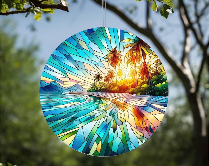 Acrylic Faux Stained-Glass Tropical Beach Sunset Suncatcher