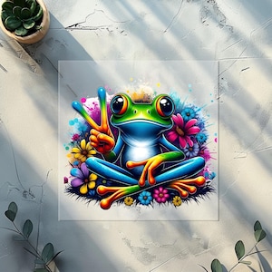 May include: A colourful illustration of a frog in a yoga pose, giving the peace sign. The frog is mainly blue and green, with rainbow accents. It is surrounded by colourful flowers and a splash of paint.