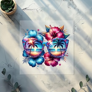 Könnte beinhalten: Ein lebendiges Bild zeigt eine Sonnenbrille mit einer Strandlandschaft, die sich in den Gläsern spiegelt. Die Sonnenbrille ist von blauen und rosa Blumen und Palmen umgeben. Der Rahmen der Sonnenbrille ist mit bunten Glitzersteinen verziert. Das Thema ist tropisch und sommerlich.