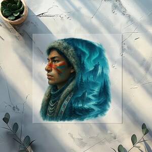 May include: A square print featuring a portrait of a person with face paint, wearing a fur-lined hood and a beaded necklace. The background depicts a forest scene with wolves howling under a vibrant aurora borealis.