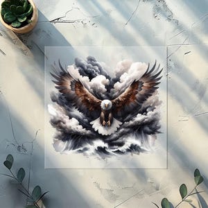 May include: Square artwork depicting an eagle with spread wings against a backdrop of stormy clouds and waves. The eagle's feathers are brown, white, and black, creating a dramatic contrast. The artwork evokes a sense of power and freedom, suitable for home decor.