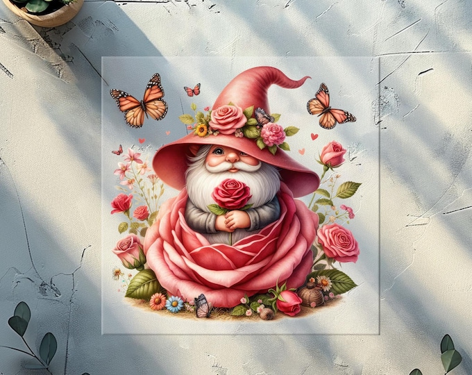 Gnomes and Roses DTF Transfer: Vibrant Fabric Appliques for Custom Apparel