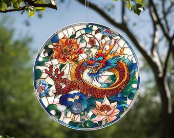 Acrylic Faux Asian Dragons Stained-Glass Suncatcher