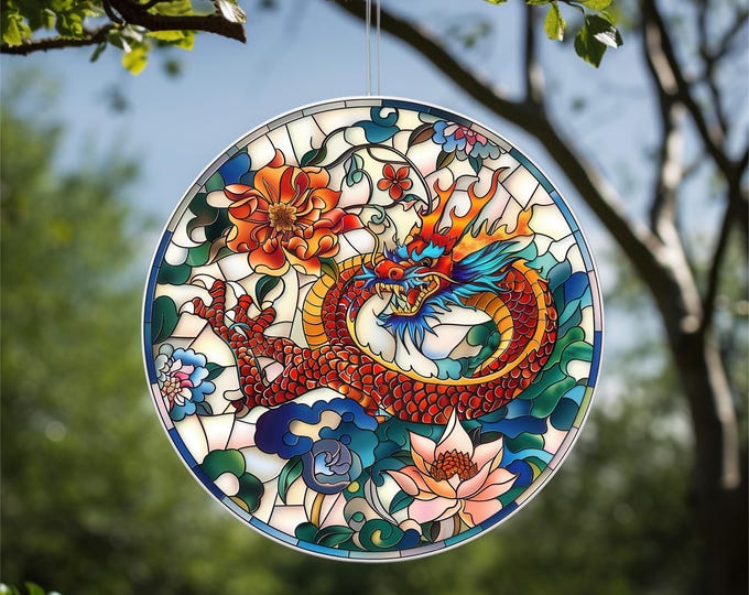 Acrylic Faux Asian Dragons Stained-Glass Suncatcher