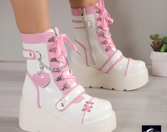Pink-Accented White Platform Boots with Heart Charm - Edgy High Heeled Gothic Booties for Unisex