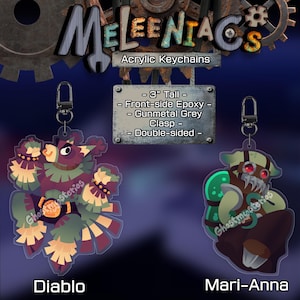 May include: Acrylic keychains featuring Diablo and Mari-Anna character designs. The keychains are double-sided, 3 inches tall, and have a gunmetal grey clasp. The Diablo keychain has a purple, green, and tan color scheme. The Mari-Anna keychain has a green, red, and brown color scheme.