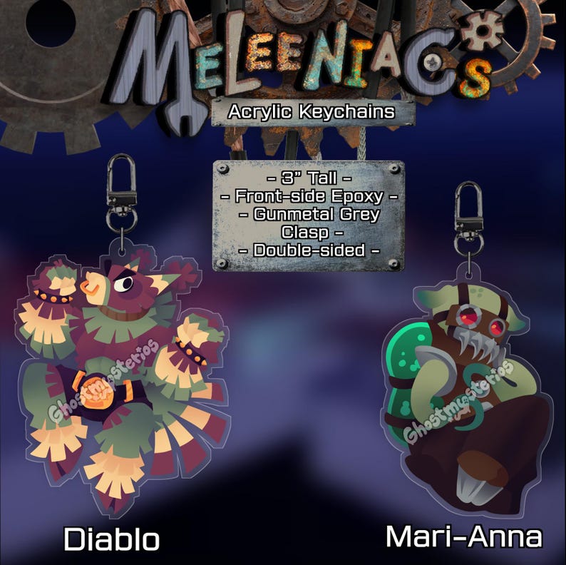 May include: Acrylic keychains featuring Diablo and Mari-Anna character designs. The keychains are double-sided, 3 inches tall, and have a gunmetal grey clasp. The Diablo keychain has a purple, green, and tan color scheme. The Mari-Anna keychain has a green, red, and brown color scheme.