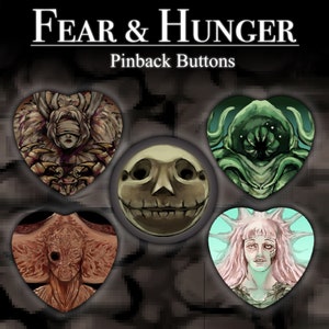 Puede incluir: Conjunto de cinco botones de solapa con diversas ilustraciones espeluznantes e inquietantes. Los botones tienen forma de corazón y presentan una variedad de colores, como verde, marrón y rosa. El texto "FEAR & HUNGER" se muestra en la parte superior de la imagen.
