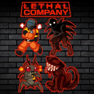 May include: Four cartoon stickers featuring a red and black monster, a bug with red eyes, a red and black creature with sharp teeth, and a person in a yellow hazmat suit. The stickers are on a black brick background with the text "LETHAL COMPANY" in red.