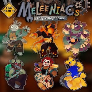 Pode incluir: Chaveiros de acrílico com personagens de desenhos animados coloridos. Os chaveiros apresentam vários designs, incluindo um coelho, um demônio de fogo, uma criatura semelhante a um pássaro, um zumbi, um palhaço e uma criatura amarela. São produtos de merchandising.