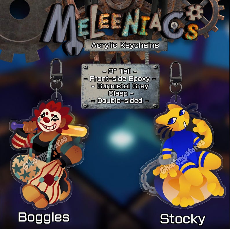 May include: Acrylic keychains featuring cartoon characters. One keychain depicts a clown with a baseball bat, the other a yellow creature in a blue uniform. Both are approximately 3 inches tall with a gunmetal grey clasp.