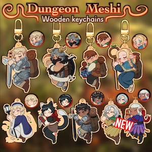 May include: A set of 12 wooden keychains featuring various characters from a fantasy role-playing game. The keychains are painted in bright colors and feature detailed designs. The keychains are labeled "Dungeon Meshi" and "Wooden Keychains".