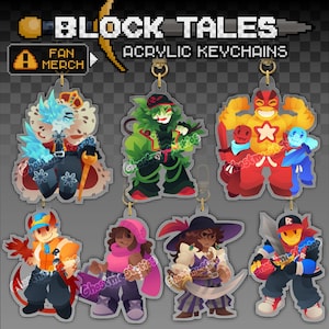 Puede incluir: Llaveros acrílicos con varios diseños de personajes coloridos de "Block Tales". Los llaveros incluyen personajes en tonos azules, verdes, rojos, naranjas, rosas y morados. El texto "Block Tales" y "Acrylic Keychains" son visibles.