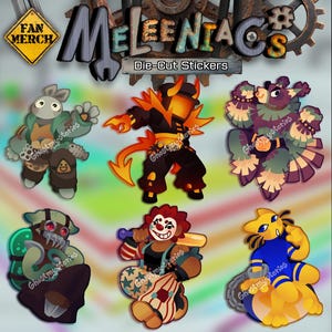 May include: A collection of die-cut stickers featuring various cartoon characters. The stickers include a rabbit-like creature, a fiery demon, a bird-like figure, a masked figure, a clown, and a yellow creature. The stickers are labeled "Fan Merch" and "Meleentacs".