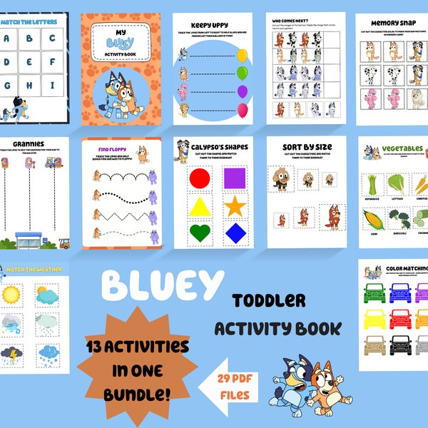 Bluey Activity Book. Printable Preschool & Toddler Learning Binder. Bluey Busy Book. Bluey Activites. Pre-writing, Color/Shape Match