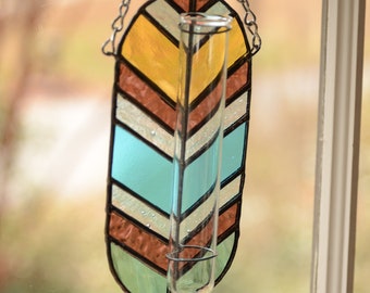 Stained Glass Plant Propagation Station Suncatcher Sun Catcher Chevron Vintage Modern Style Window Hanging Amber Green Purple Blue Handmade