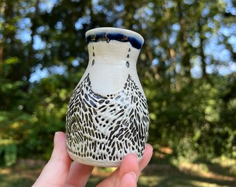 Handmade Ceramic Stoneware Blue White Carved Soda Fired Vase