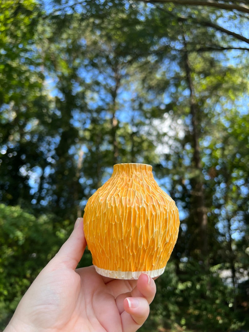 Handmade Ceramic Stoneware Carved Bud Vase Flower Yellow Orange Pottery image 3