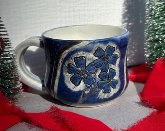 Handmade Ceramic Stoneware Blue and White Sgraffito Carved Flower Coffee Tea Mug Pottery *REAL White GOLD LUSTER*