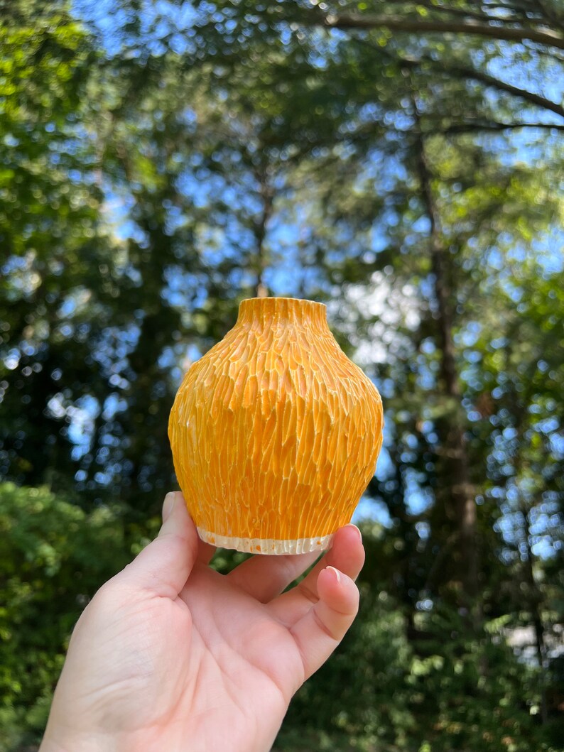 Handmade Ceramic Stoneware Carved Bud Vase Flower Yellow Orange Pottery image 4