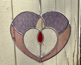 Handmade Stained Glass Valentine’s Day Heart Suncatcher Window Decoration Glass Art Gift Red Purple Violet Lavender Pink Peach Galentine’s