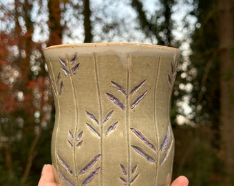 Handmade Ceramic Stoneware Purple Blue Carved Kitchen Utensil Holder or Planter Decor Pottery Free Shipping *SECOND*