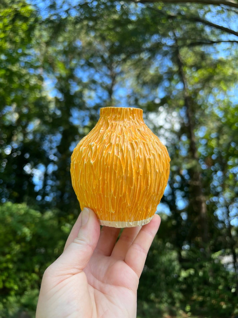 Handmade Ceramic Stoneware Carved Bud Vase Flower Yellow Orange Pottery image 1