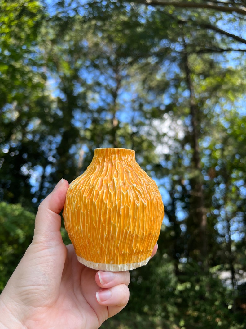 Handmade Ceramic Stoneware Carved Bud Vase Flower Yellow Orange Pottery image 5