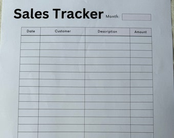 May include: A blank sales tracker sheet with columns for date, customer, description, and amount. The sheet has a line at the bottom for a total.