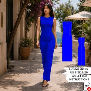 May include: A sleeveless, floor-length royal blue sheath dress with a round neckline. The image includes a digital technical drawing of the dress and text stating EU SIZE 32-60, US SIZE 2-28, A4-LETTER INSTRUCTIONS, and a PDF icon.