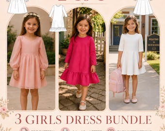 3 Girls Dress Sewing Patterns Bundle PDF, Kids Pack, Toddler Child A4 A0 Letter