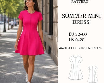 Summer Mini Dress PDF Pattern, Fit and Flare Casual Sewing Template