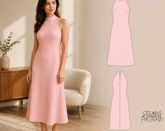 Halter Neck Midi Cocktail Dress Sewing Pattern PDF