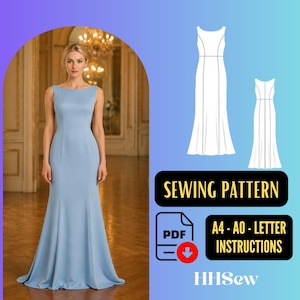 May include: A floor-length light blue sleeveless gown with a fitted bodice and a flared skirt. The image includes a digital sewing pattern illustration, the text SEWING PATTERN, PDF icon, and A4 - A0 - LETTER INSTRUCTIONS text on a blue background.