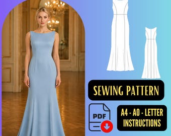 Boat Neck Mermaid Sewing Pattern PDF, Long Evening Gown, Prom Formal XS-5XL