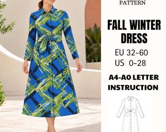 Long Sleeve Shirt Dress Sewing Pattern PDF Button Front Collar Fall Winter